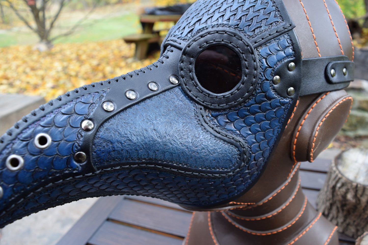 Stamped Leather Plague Doctor mask - Black/Blue (Choose lens color)