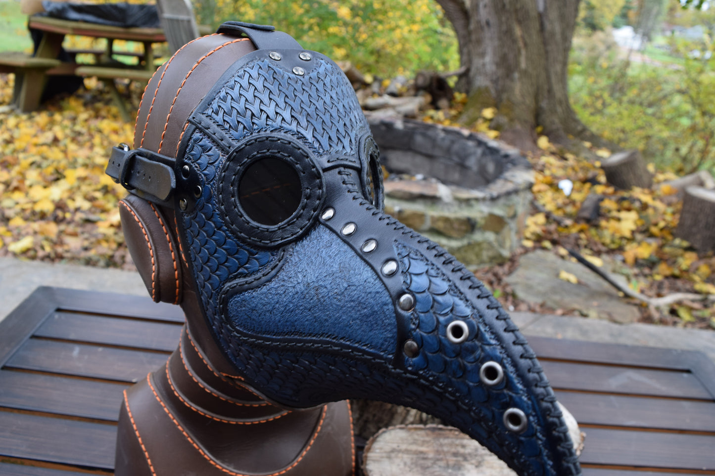 Stamped Leather Plague Doctor mask - Black/Blue (Choose lens color)