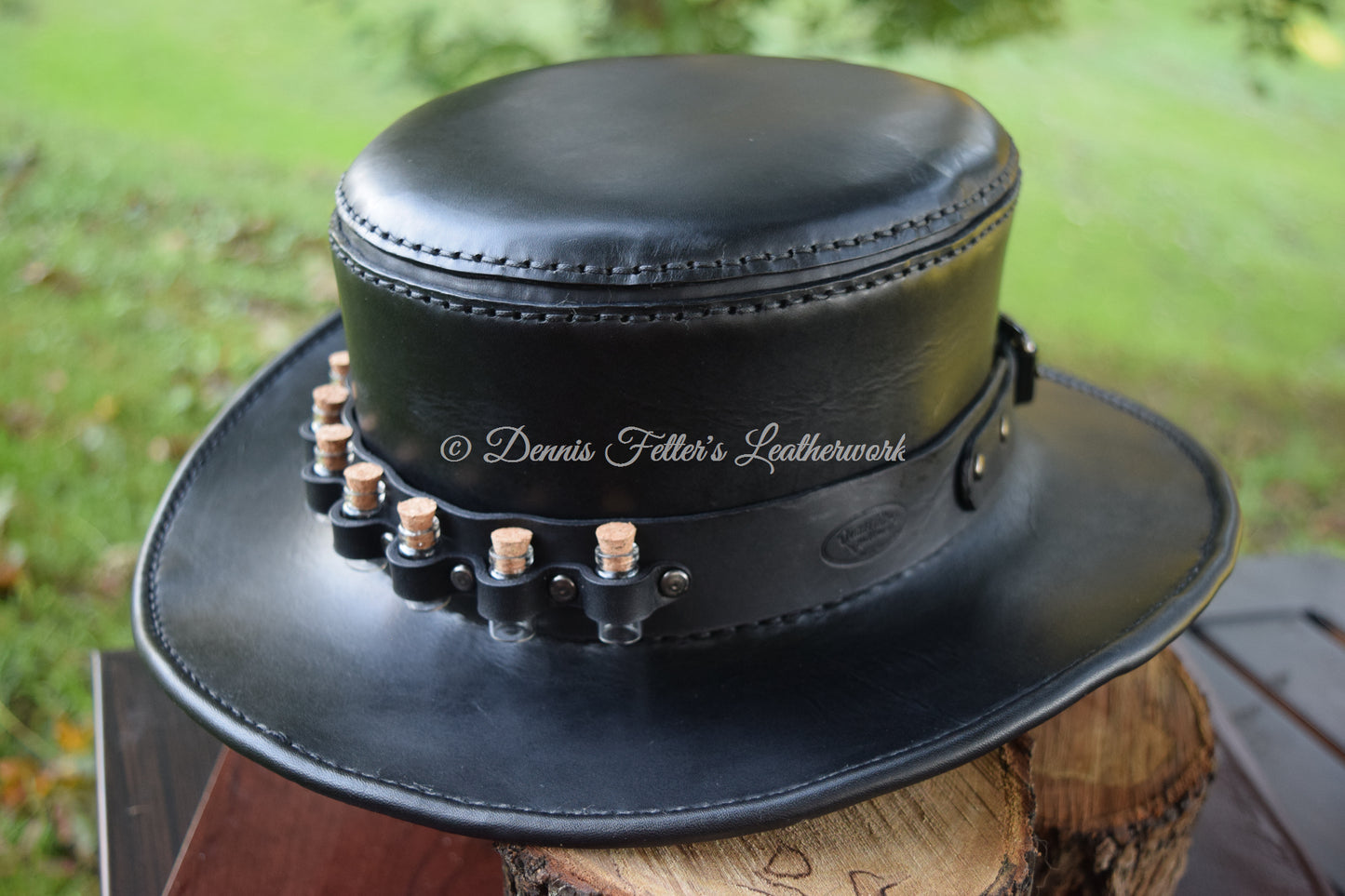 black leather alchemist / plague doctor hat - front side view from the left side