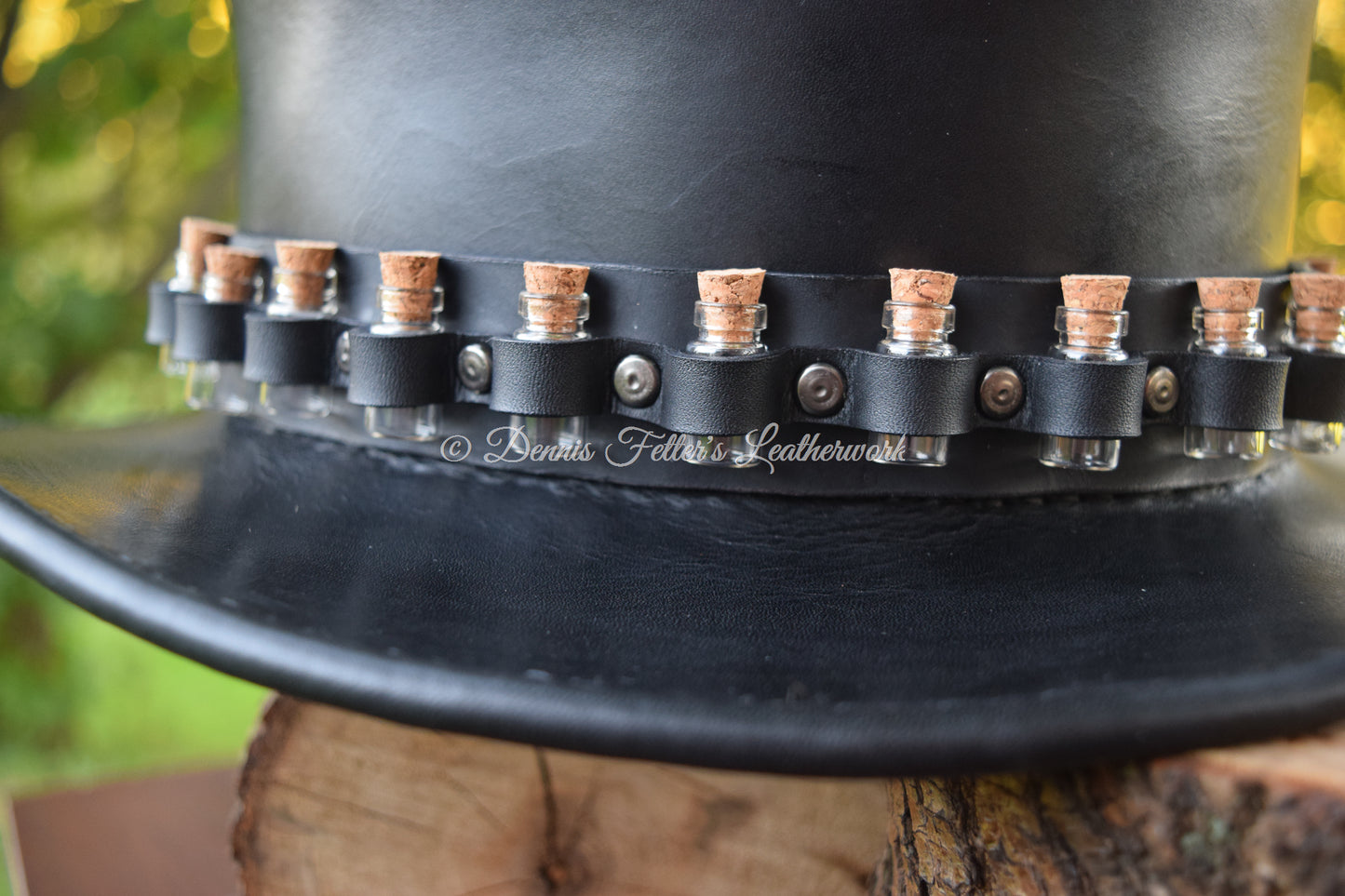black leather alchemist / plague doctor hat - front view shot across the brim of the hat