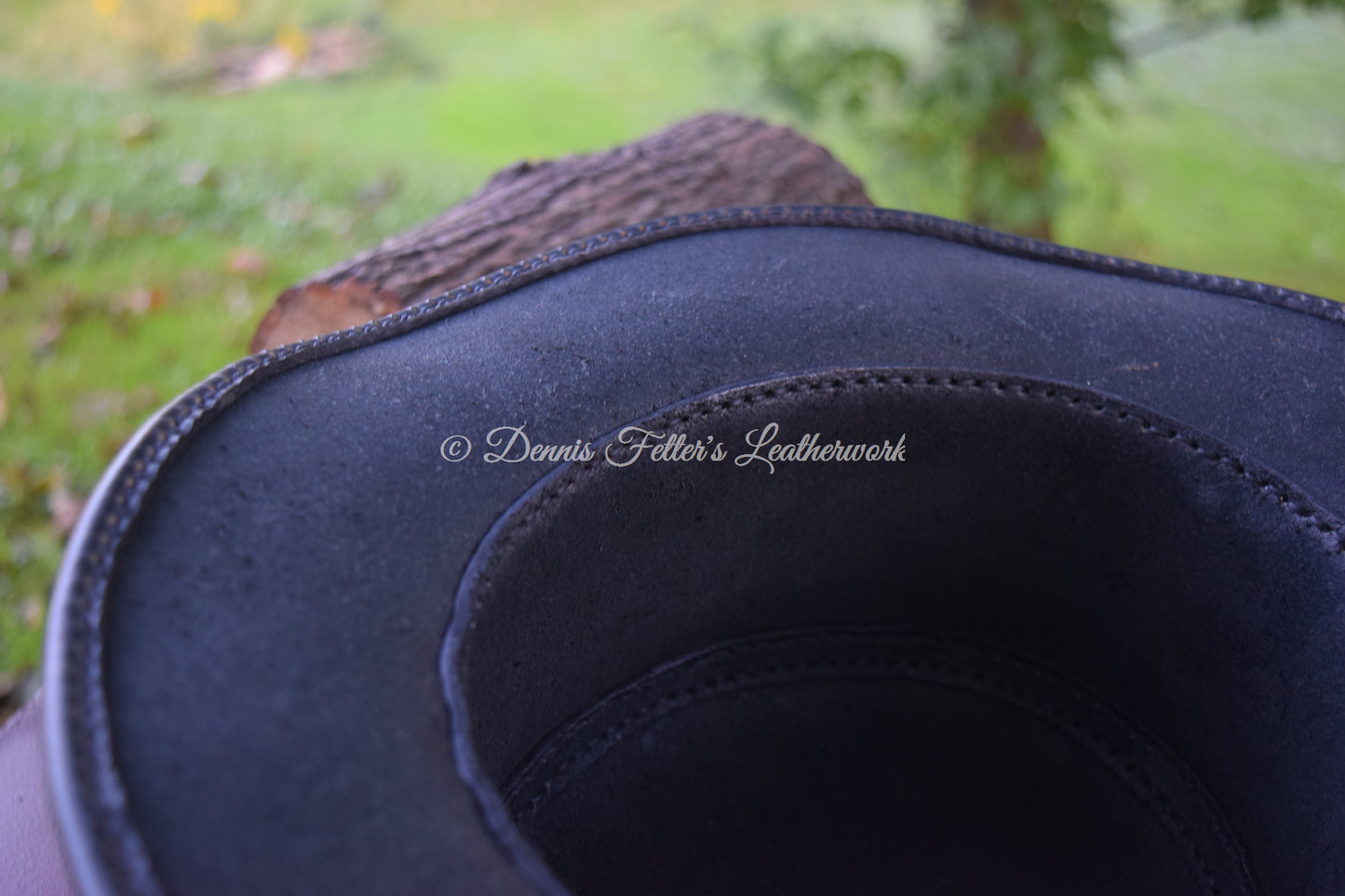 black leather alchemist / plague doctor hat - underneath view showing the brim and crown of the hat