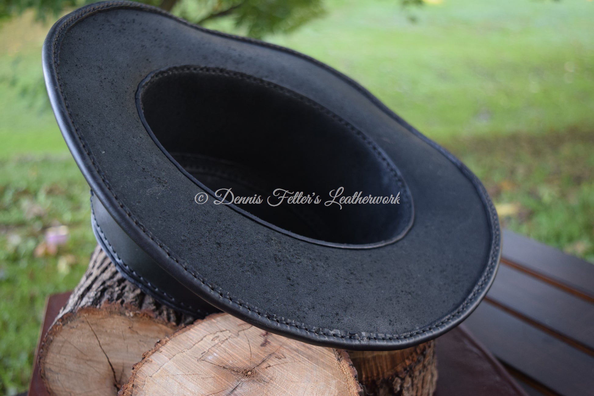 black leather alchemist / plague doctor hat - underneath view showing the entire hat in frame