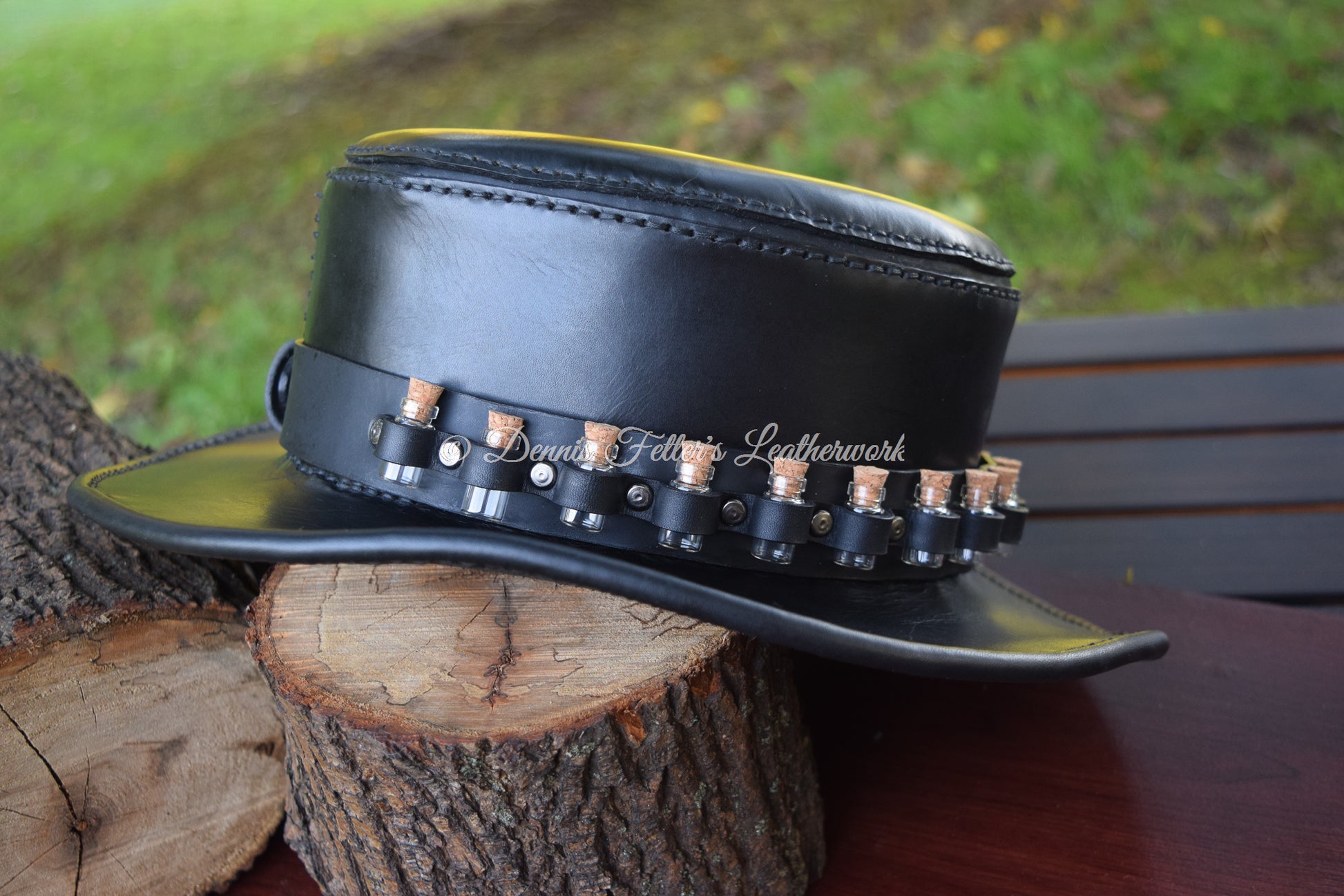black leather alchemist / plague doctor hat - another shot of the hat from the right side