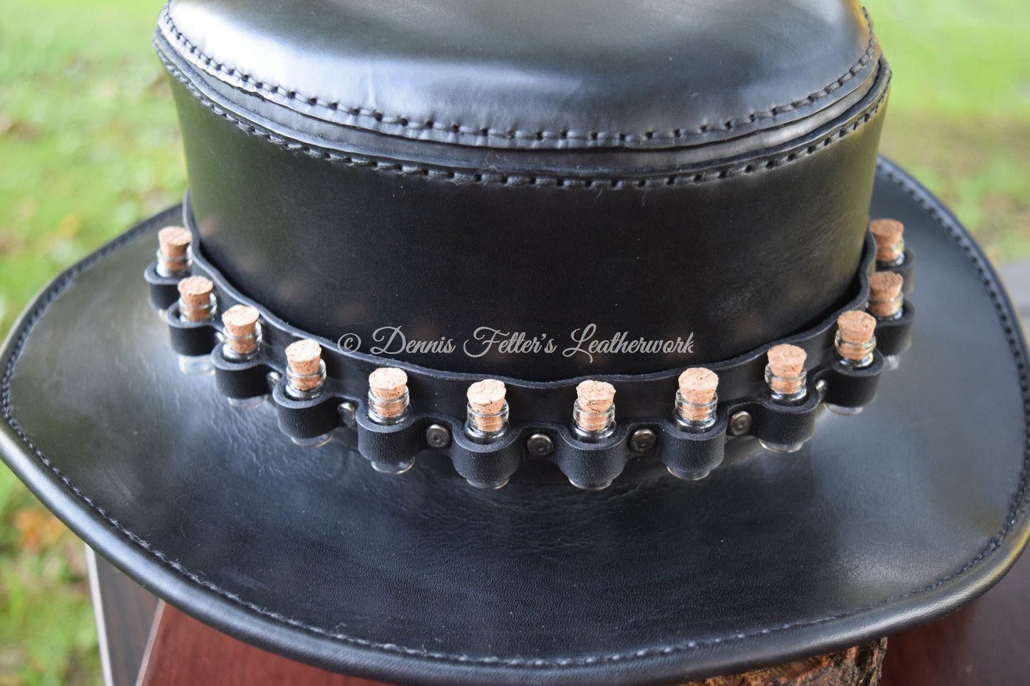 black leather alchemist / plague doctor hat - another angle showing the top of the hat, the crown, and the brim