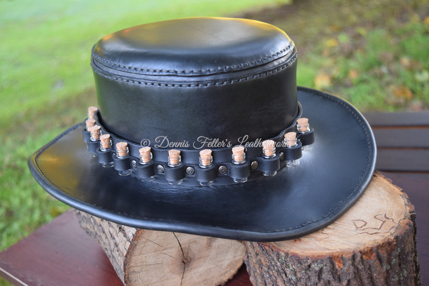 black leather alchemist / plague doctor hat - right side view showing the entire hat