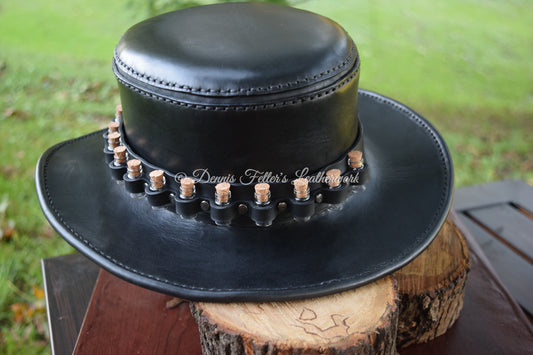 black leather alchemist / plague doctor hat - front view showing vials around the crown
