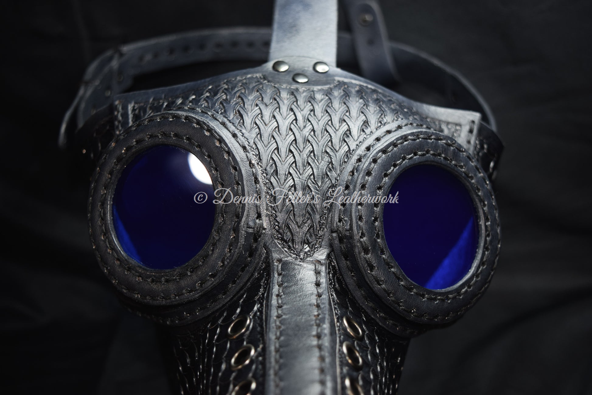 big plague doctor mask black - eye view from front - blue acrylic transparent lenses