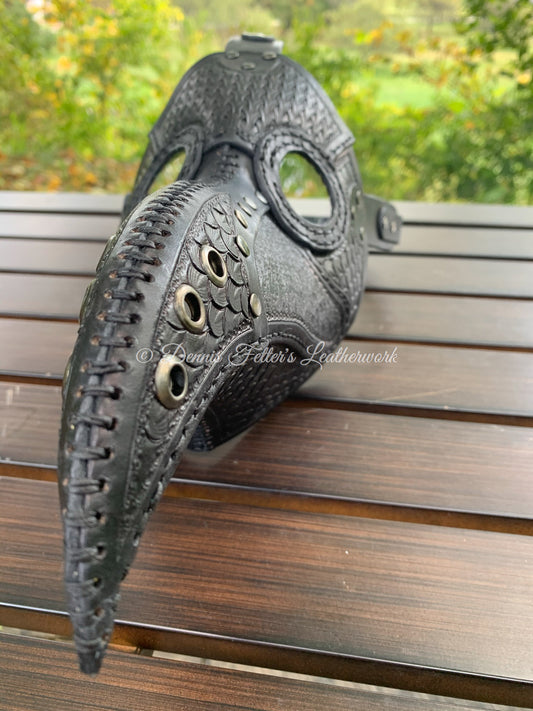 Leather plague doctor mask stamped - black - view from front