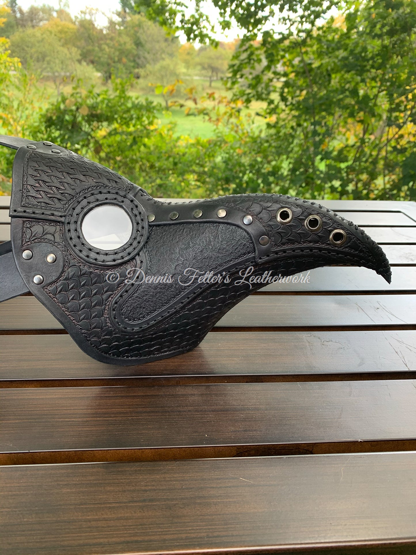 Leather plague doctor mask stamped - black - other side view
