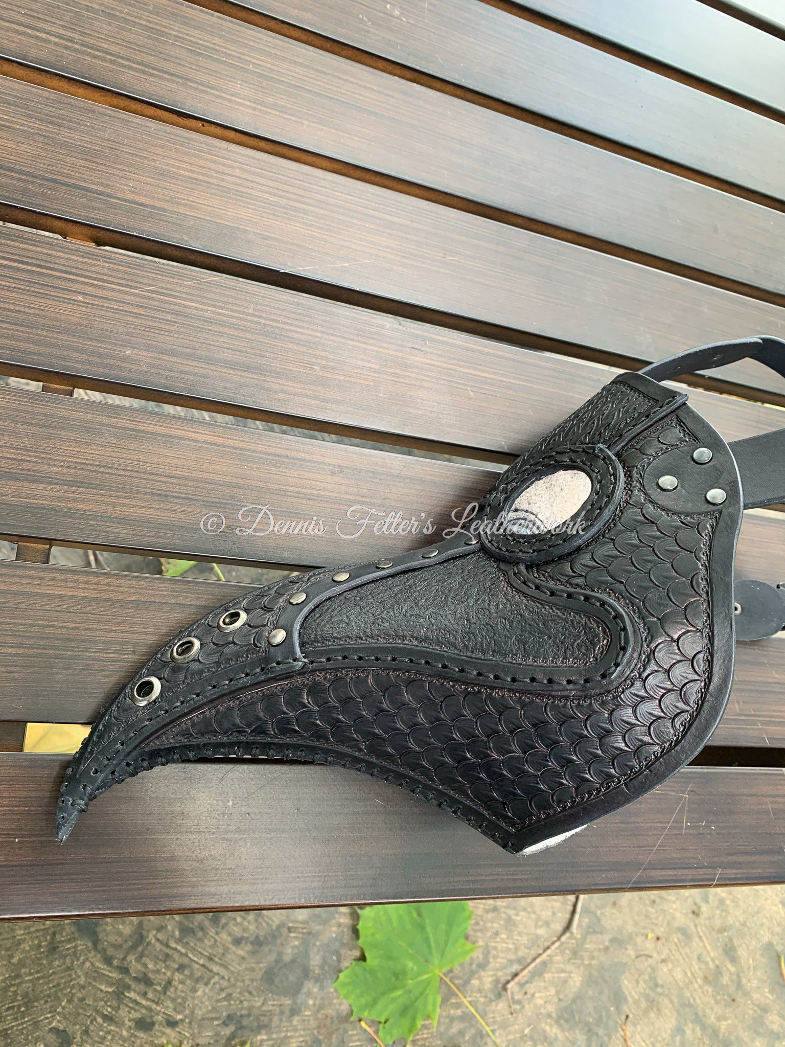 Leather plague doctor mask stamped - black - side view showing more of the bottom