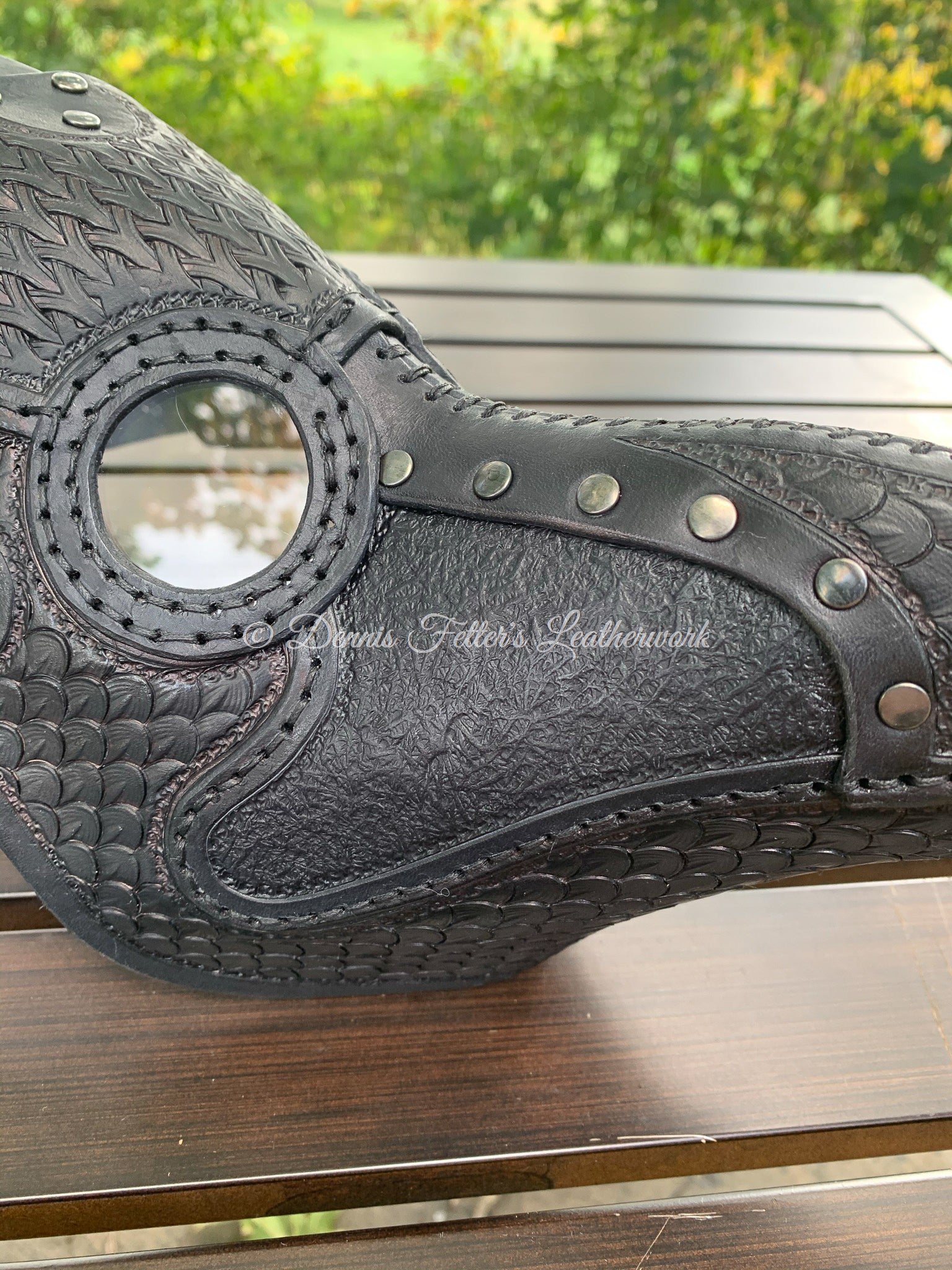 Leather plague doctor mask stamped - black - closer side view