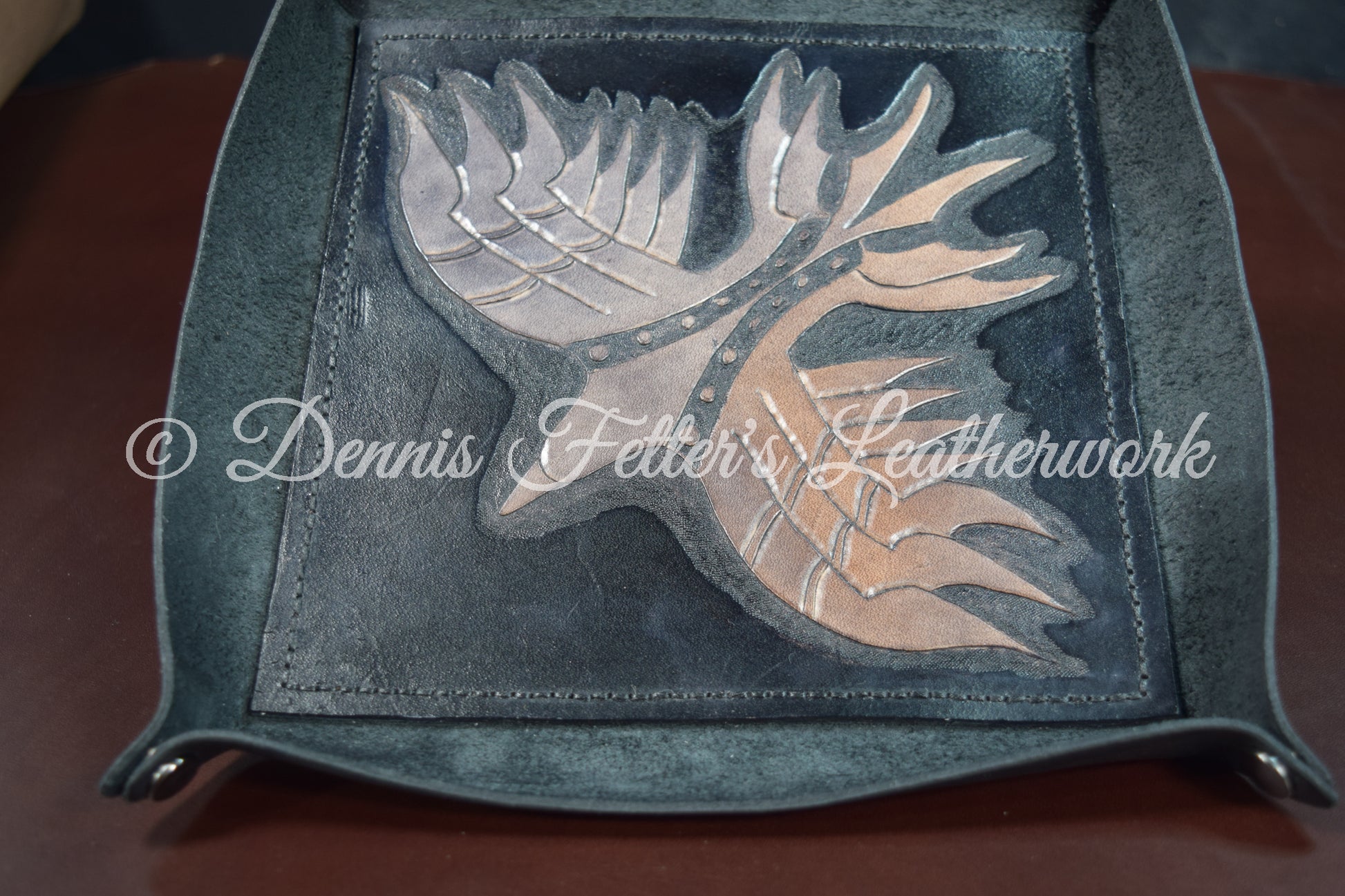 Black leather dice / valet tray - top view reversed zoomed in a little