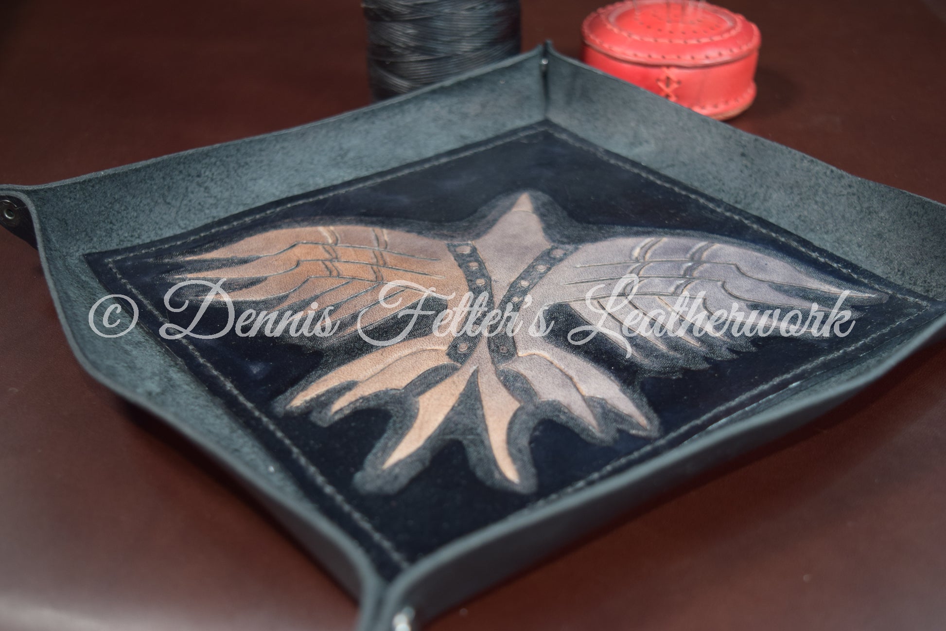 Black leather dice / valet tray - angle shot across the top