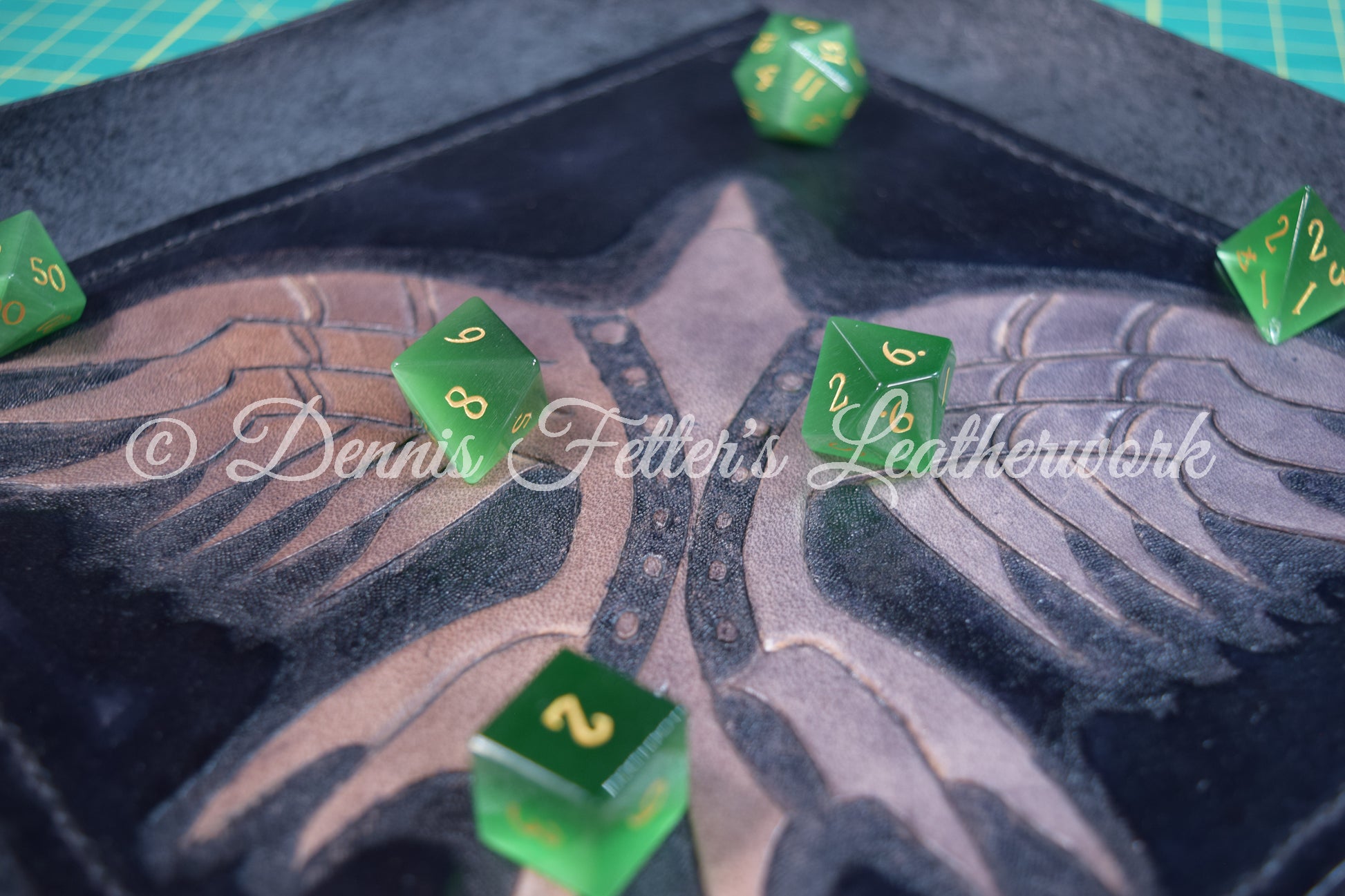 Black leather dice / valet tray - close up with dice on the tray