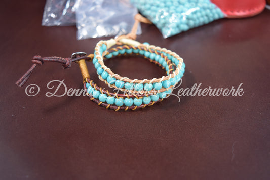 Leather bracelet with turquoise beads - handmade