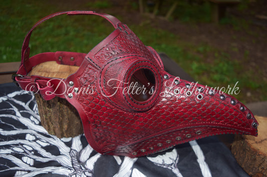 Big Plague Doctor mask Stamped Leather - Oxblood Red