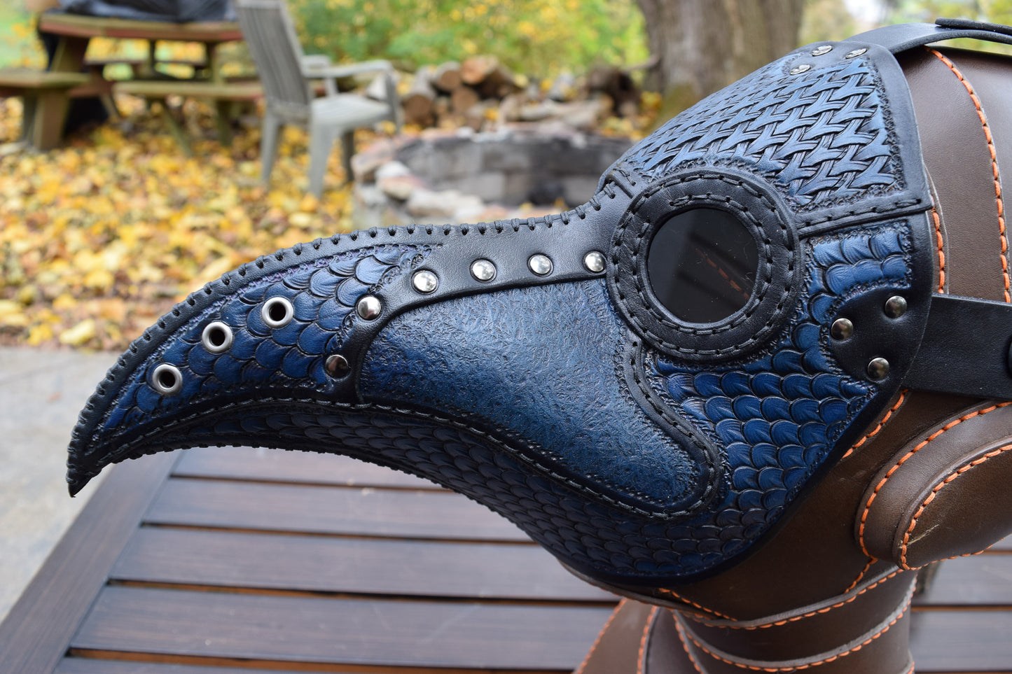 Stamped Leather Plague Doctor mask - Black/Blue (Choose lens color)