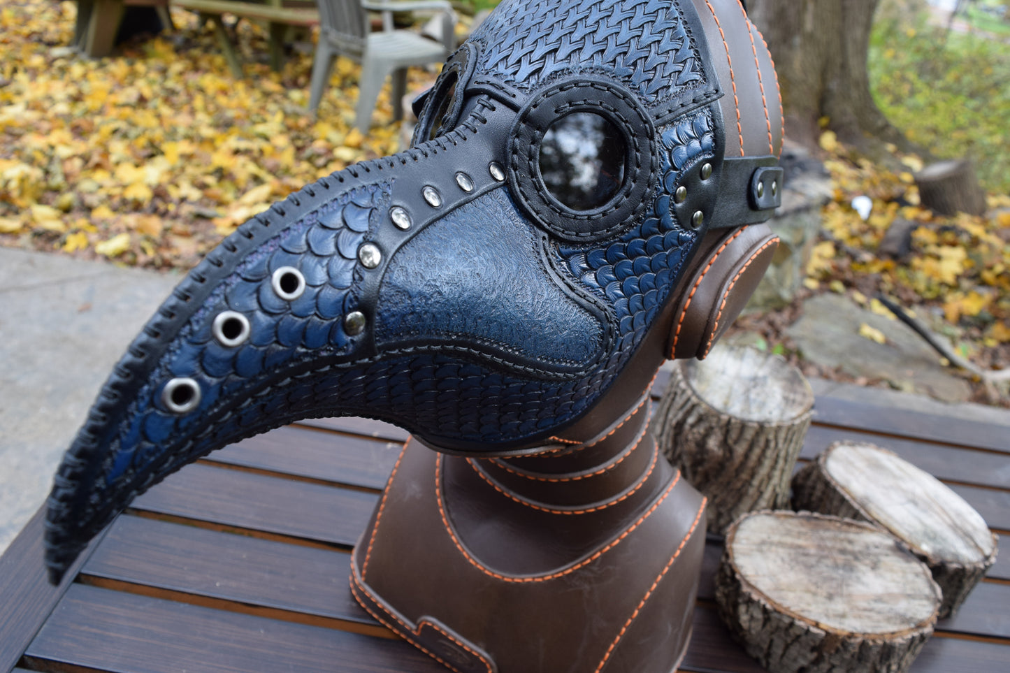 Stamped Leather Plague Doctor mask - Black/Blue (Choose lens color)