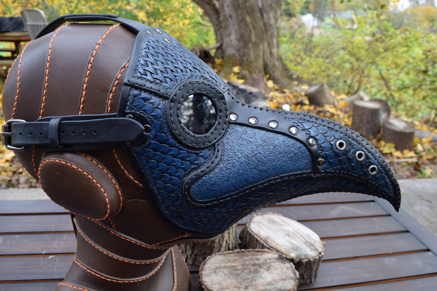 Stamped Leather Plague Doctor mask - Black/Blue (Choose lens color)