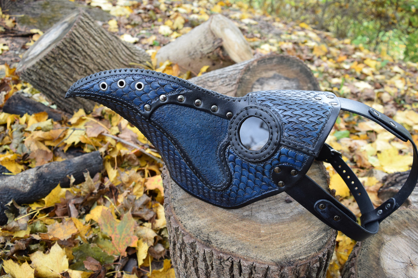 Stamped Leather Plague Doctor mask - Black/Blue (Choose lens color)