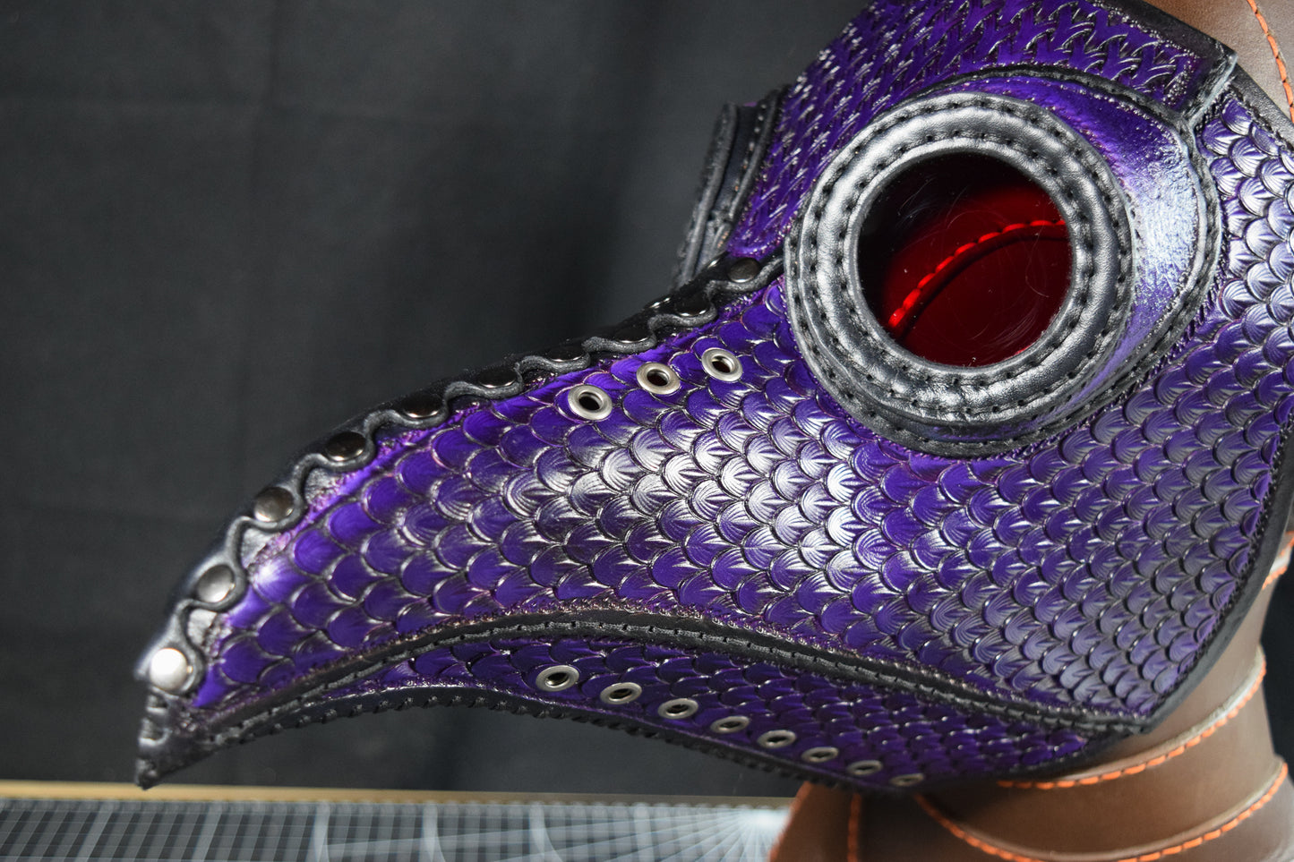 Big Plague Doctor mask Stamped Leather - Purple/Black - Wear over glasses (Choose lens color)