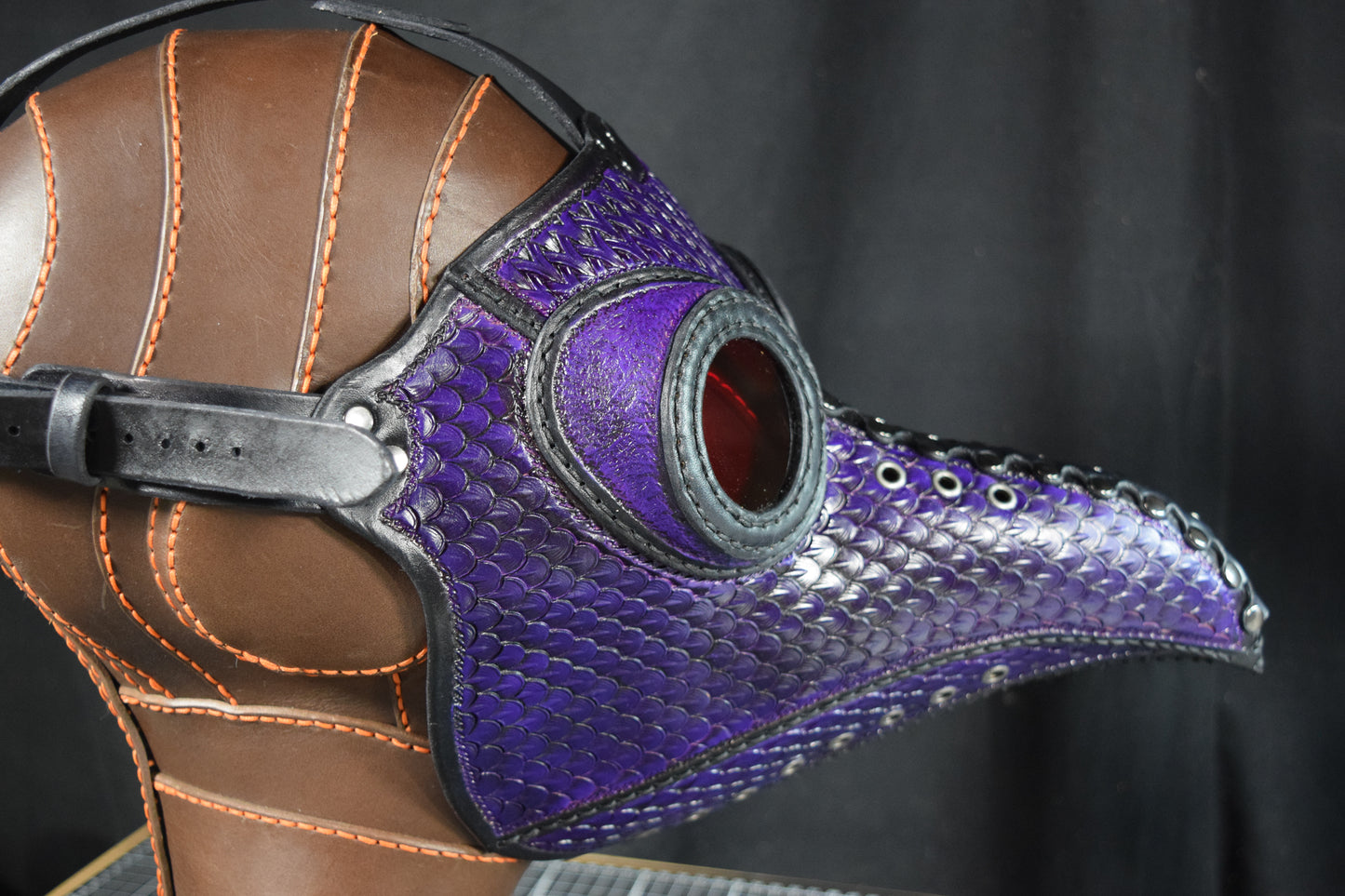 Big Plague Doctor mask Stamped Leather - Purple/Black - Wear over glasses (Choose lens color)