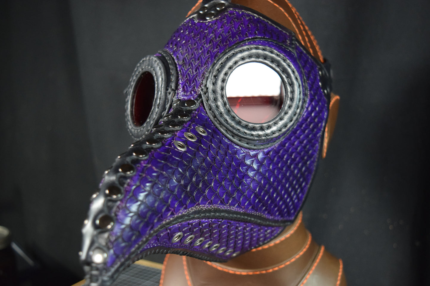 Big Plague Doctor mask Stamped Leather - Purple/Black - Wear over glasses (Choose lens color)