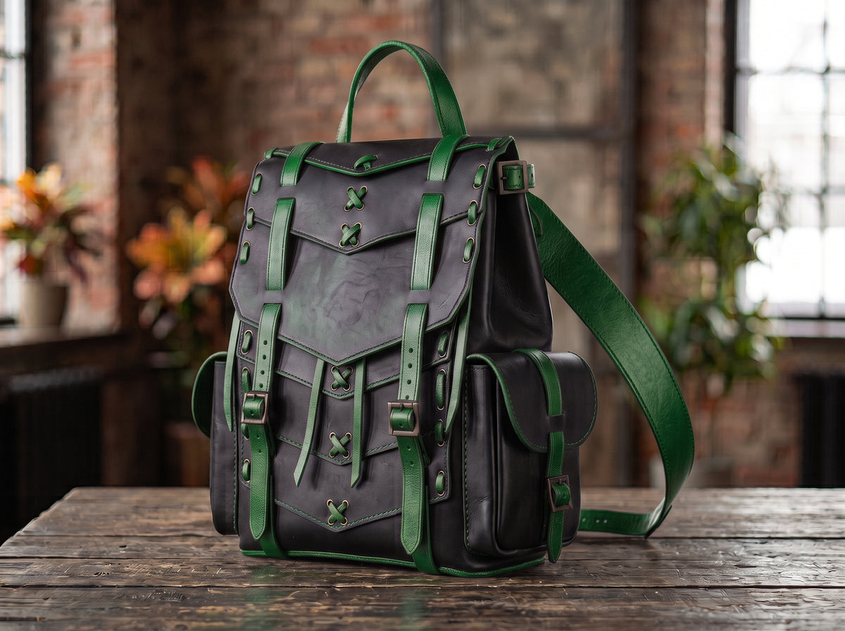 Leather Samurai Armor Backpack – Handmade Black Leather Backpack, Choose Accent Color