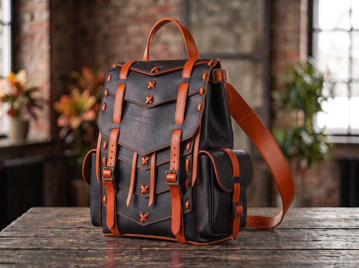 Leather Samurai Armor Backpack – Handmade Black Leather Backpack, Choose Accent Color