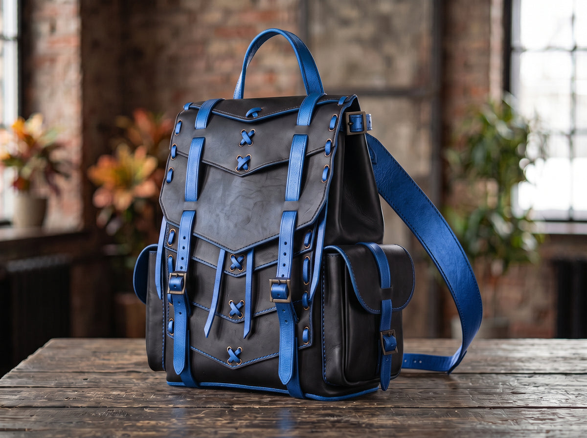 Leather Samurai Armor Backpack – Handmade Black Leather Backpack, Choose Accent Color