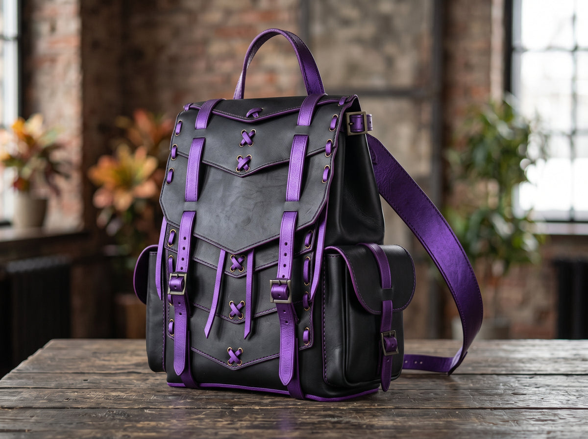 Leather Samurai Armor Backpack – Handmade Black Leather Backpack, Choose Accent Color
