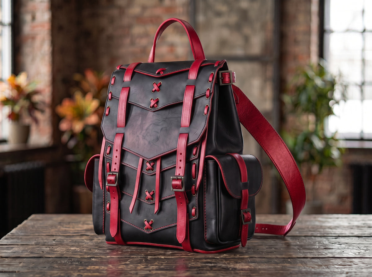 Leather Samurai Armor Backpack – Handmade Black Leather Backpack, Choose Accent Color