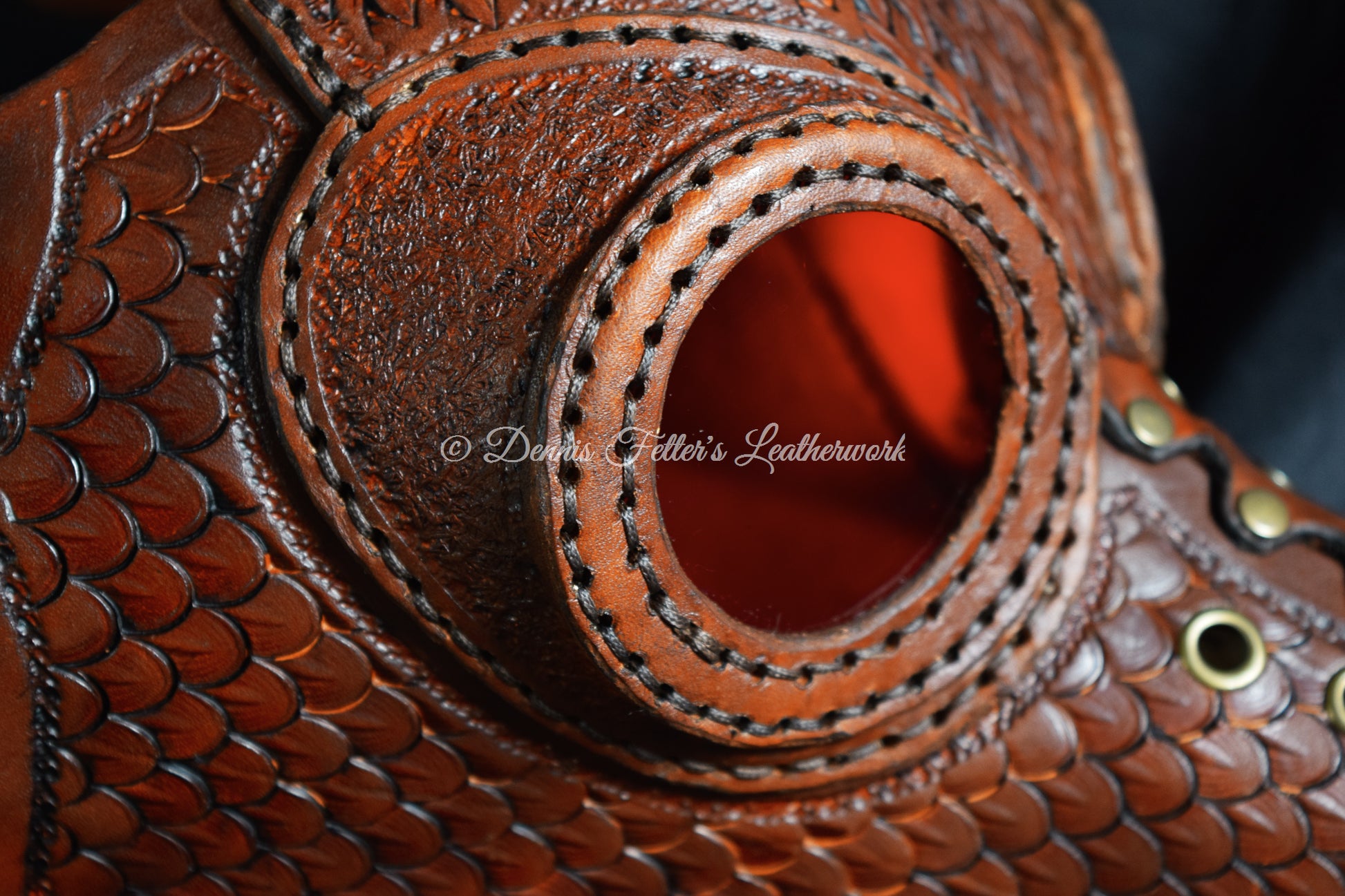 big plague doctor mask brown - close up of eye and red acrylic lense