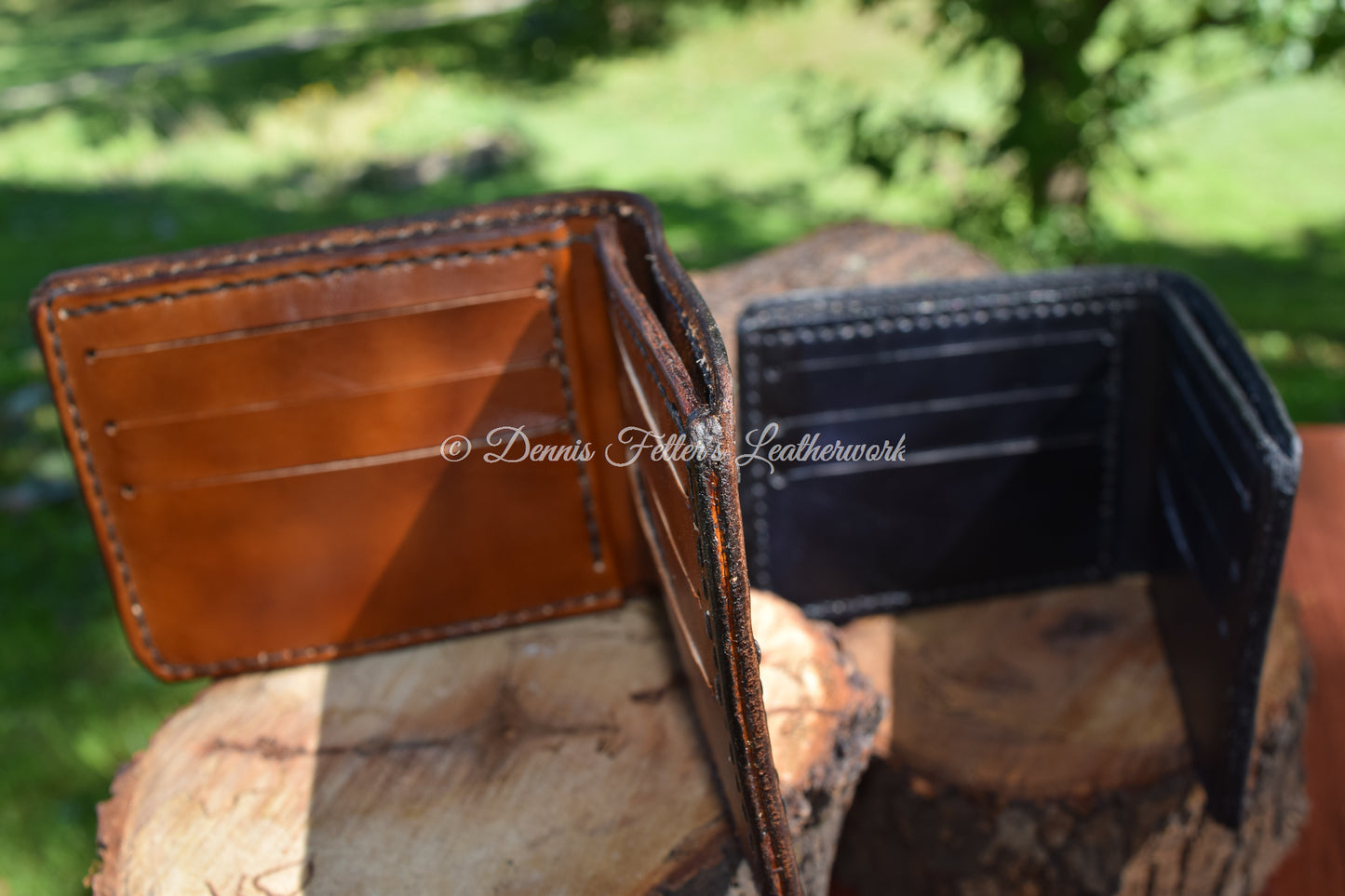 inside view of pockets on both black and brown leather wallets