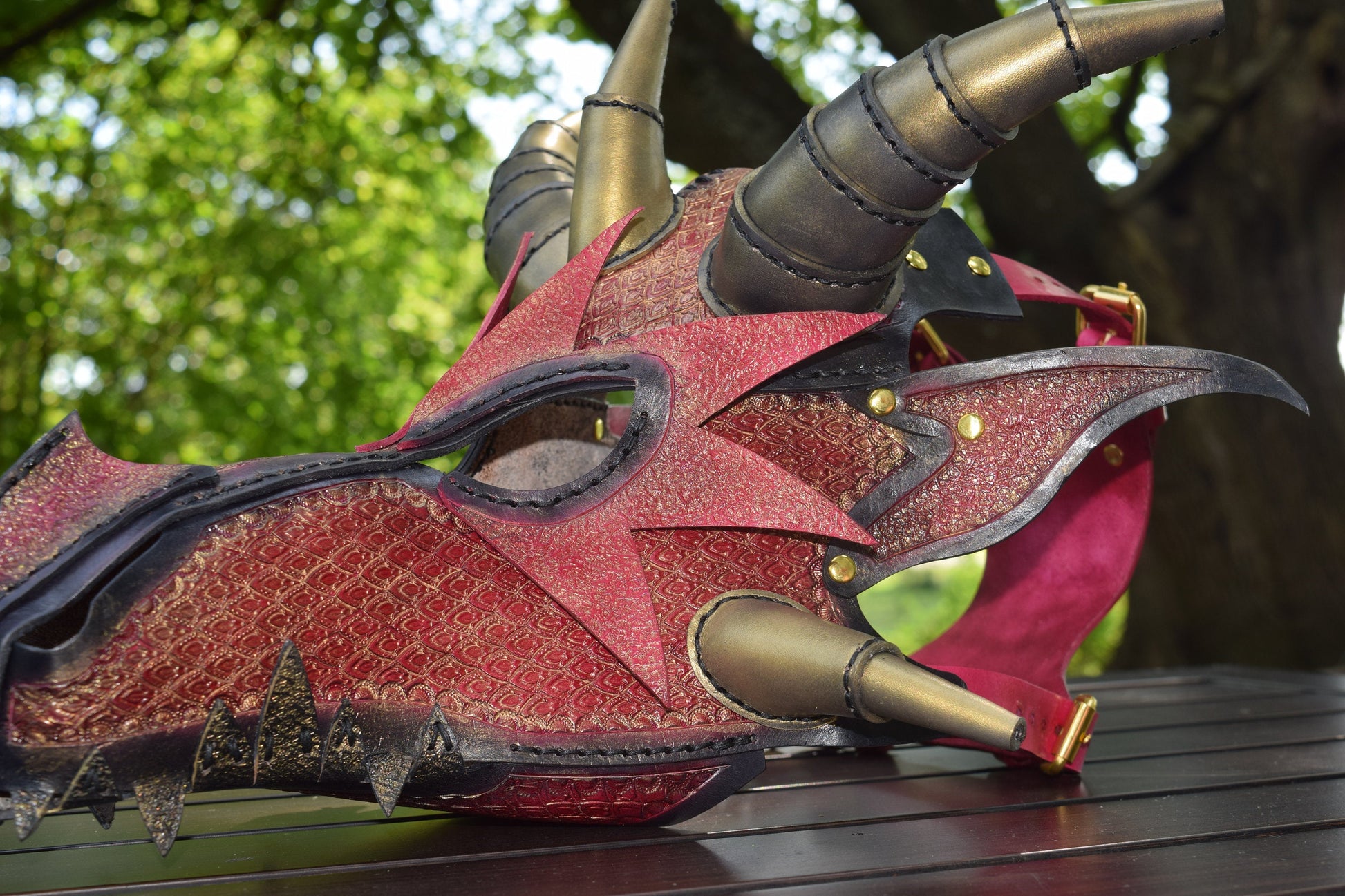 Stamped Leather Dragon Mask - (choose your color - adjustable fit for – Dennis Fetter's Leatherwork stamped-leather-dragon-mask-choose-your-color-adjustable-fit-for-dennis-fetter-s-leatherwork