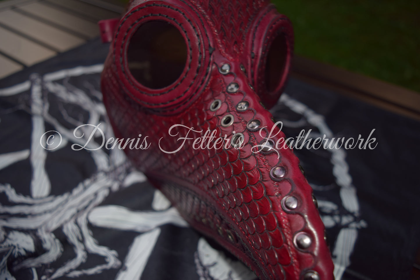 Big Plague Doctor mask Stamped Leather - Oxblood Red