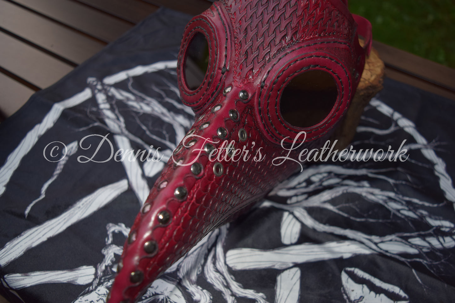 Big Plague Doctor mask Stamped Leather - Oxblood Red