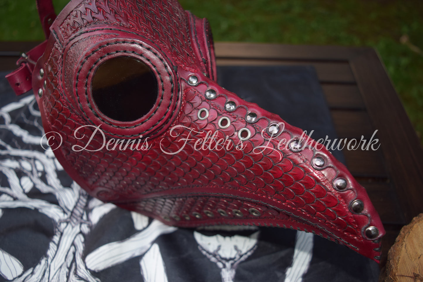 Big Plague Doctor mask Stamped Leather - Oxblood Red