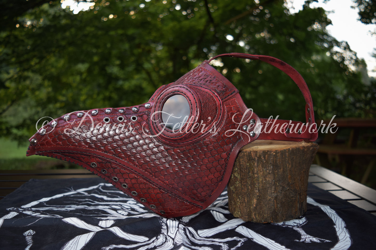 Big Plague Doctor mask Stamped Leather - Oxblood Red