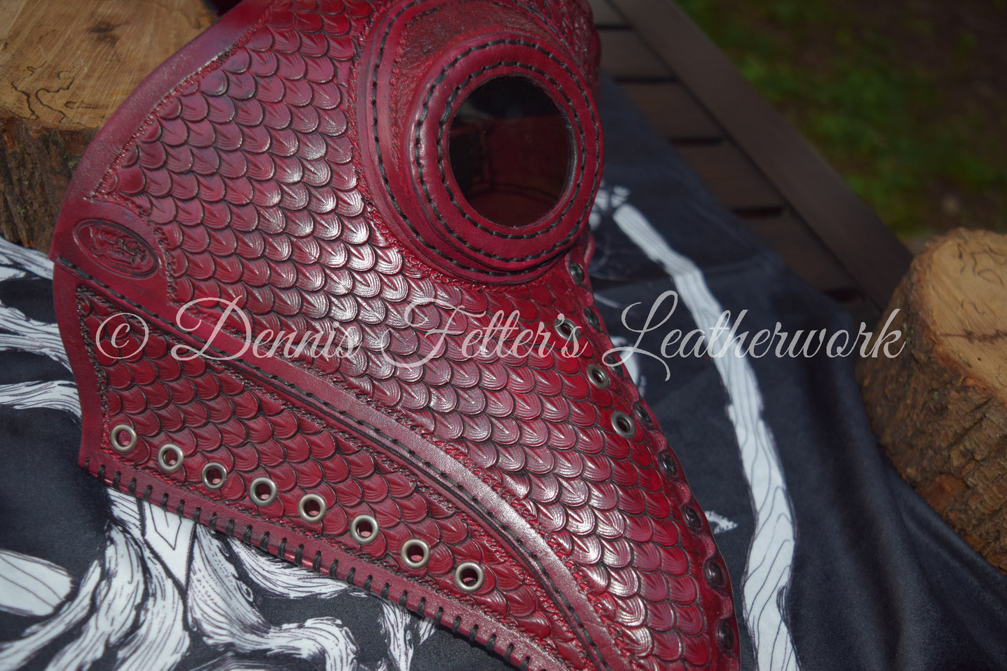 Big Plague Doctor mask Stamped Leather - Oxblood Red